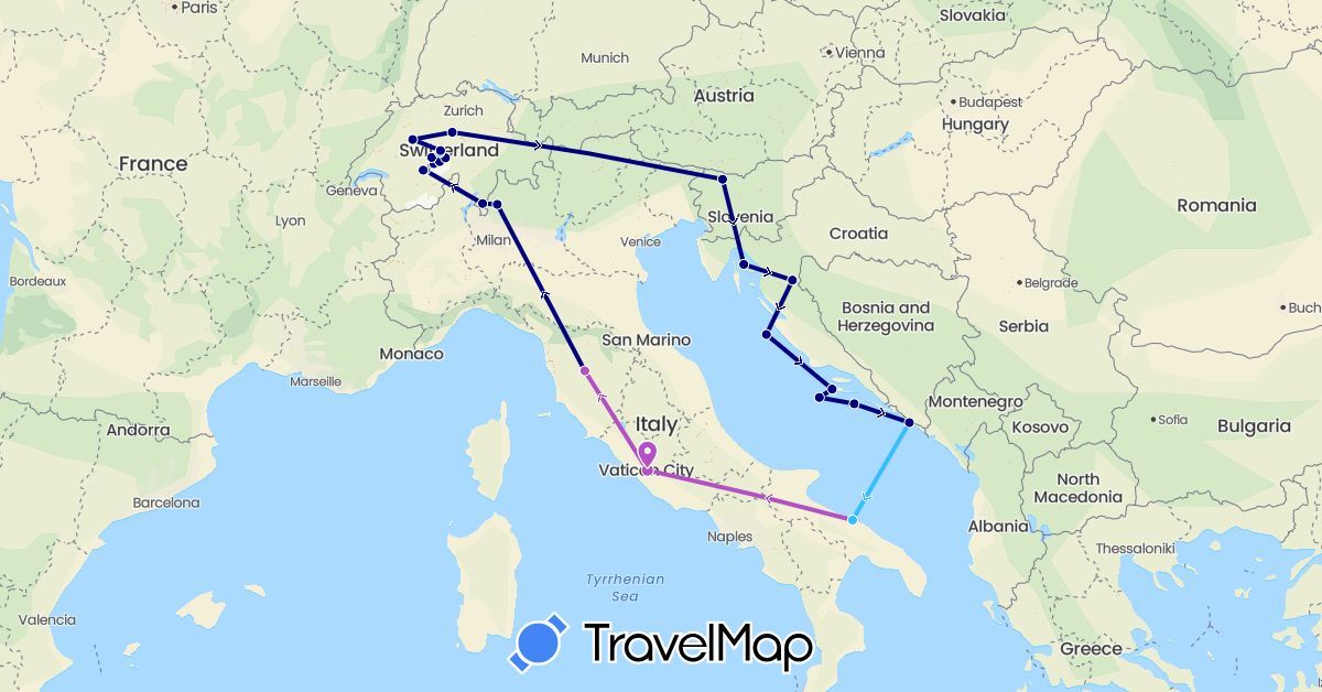 TravelMap itinerary: driving, train, boat in Switzerland, Croatia, Italy, Slovenia (Europe)
